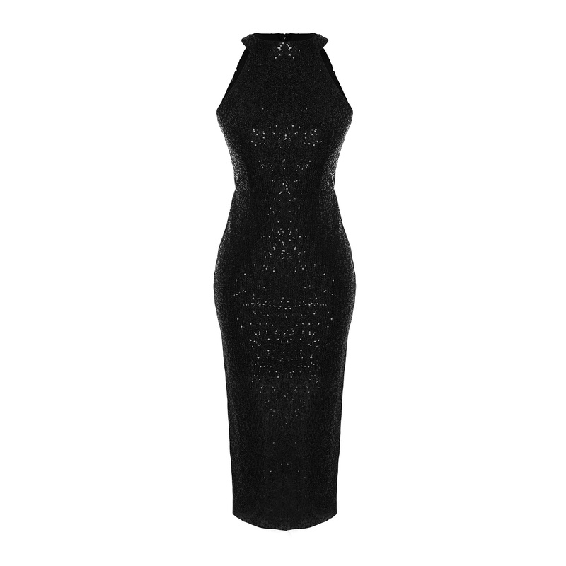 Women's Black Straight Midi Zero Sleeve Cocktail Regular Dress