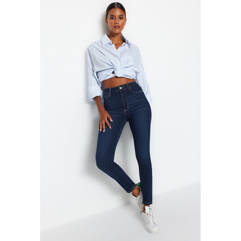 Women's Blue Plain Skinny High Waist Jeans