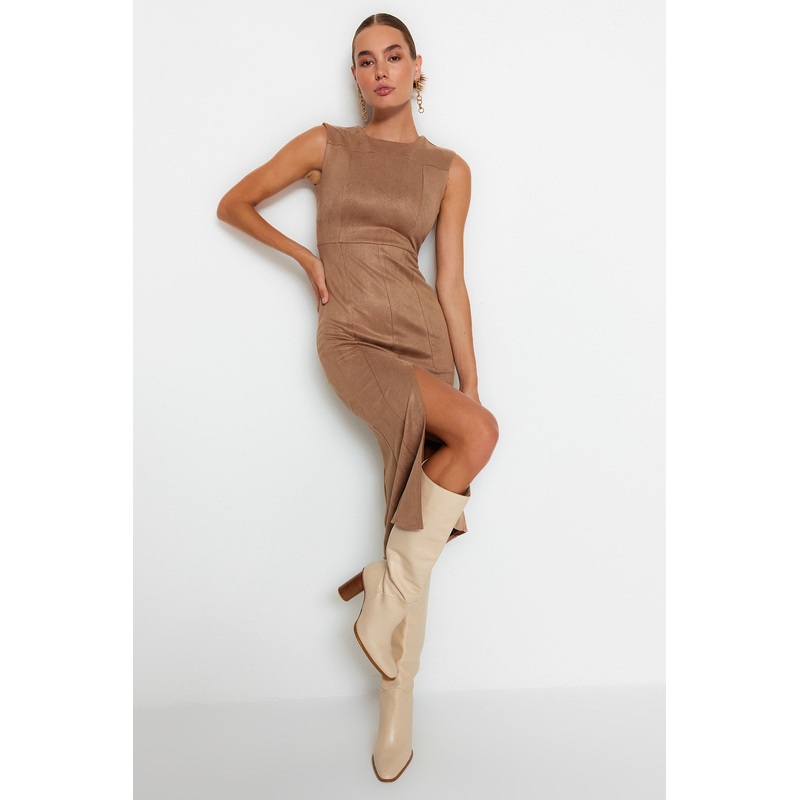 Women's Brown Plain Midi Sleeveless Evening / Daily Fitted Dress