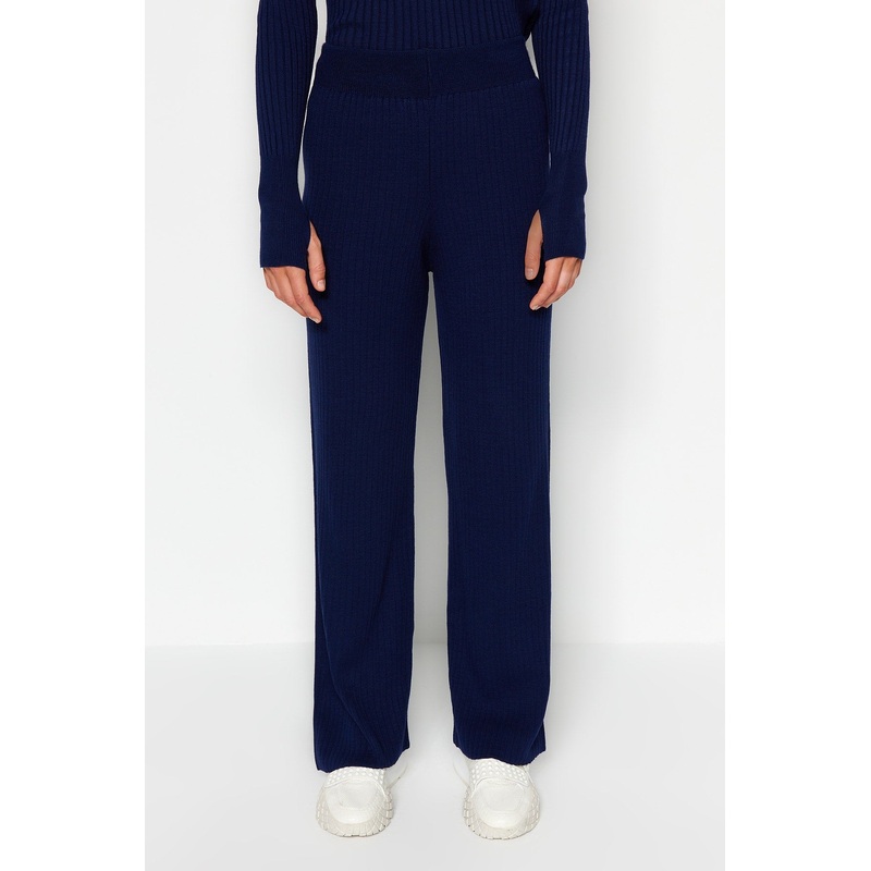 Women's Dark Blue Plain Long Sleeve Casual Regular Fit Two-Piece Set