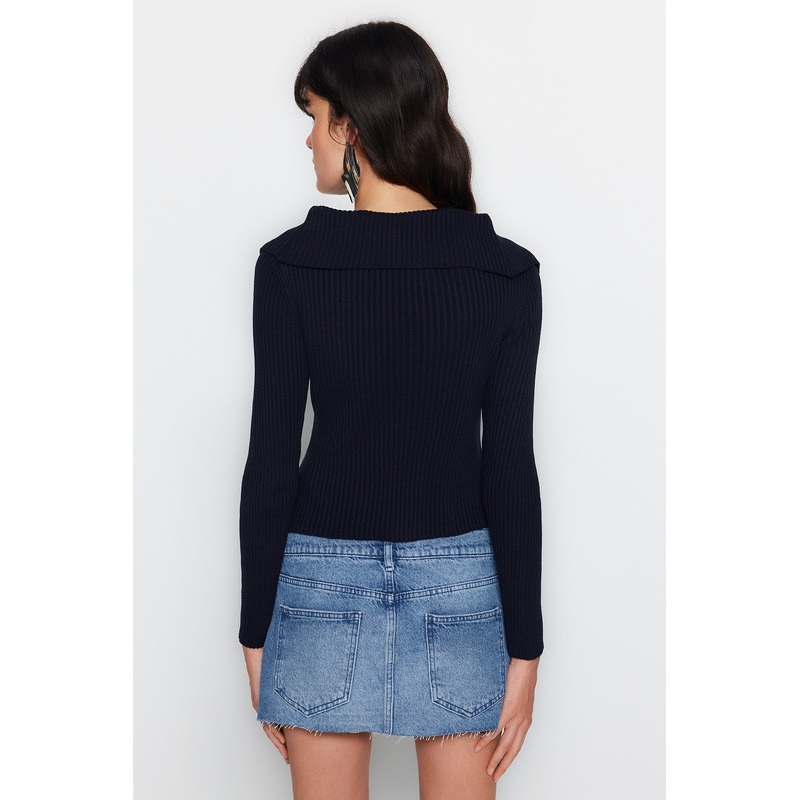 Women's Dark Blue Plain Long Sleeve Slim Fit Cardigan