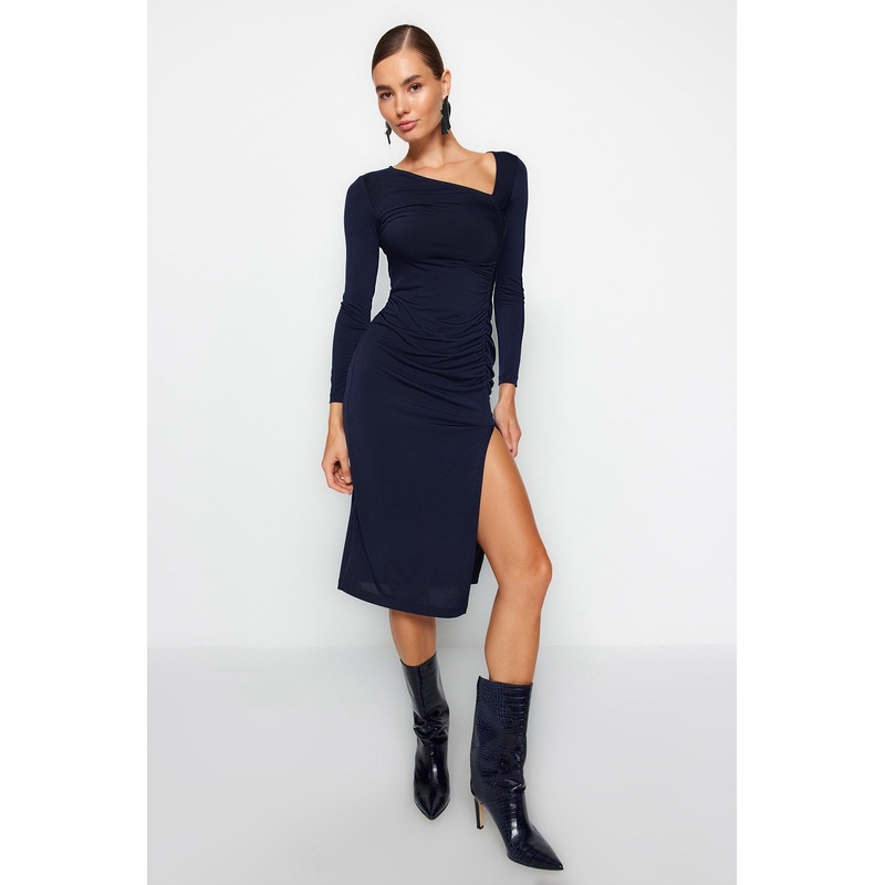 Women's Dark Blue Plain Midi Long Sleeve Evening / Daily Slim Fit Dress