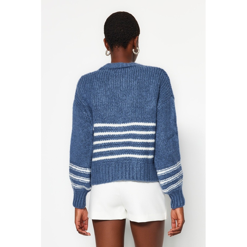Women's Dark Blue Striped Long Sleeve Regular Fit Cardigan