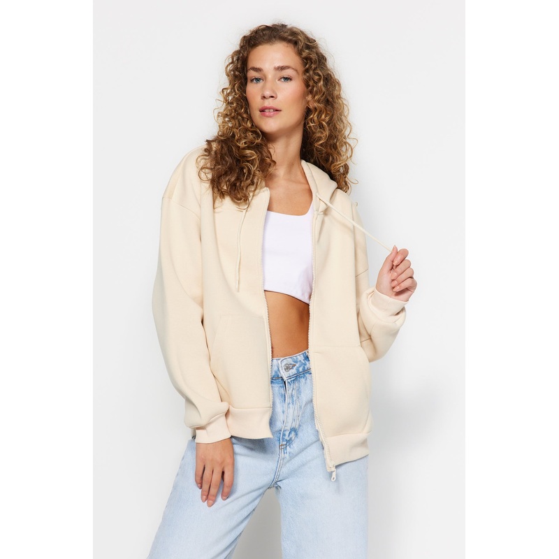 Women's Ecru Straight Long Sleeve Oversize Sweatshirts