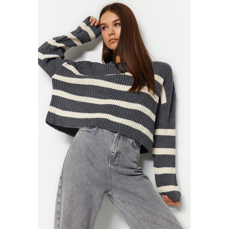 Women's Gray Striped Long Sleeve Regular Fit Sweater