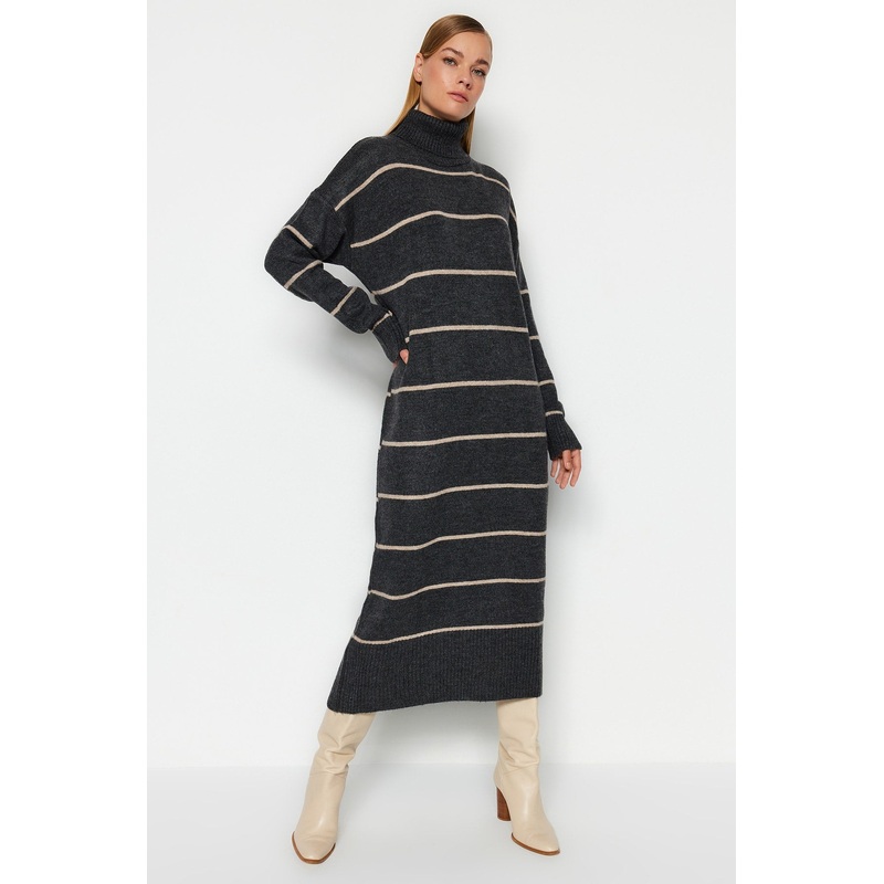 Women's Gray Striped Maxi Long Sleeve Casual Oversize Dress