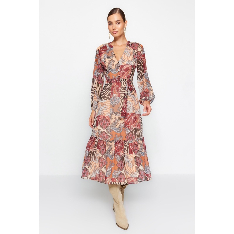 Women's Multicolor Ethnic pattern Midi Long sleeve Evening / Daily Regular fit Dress