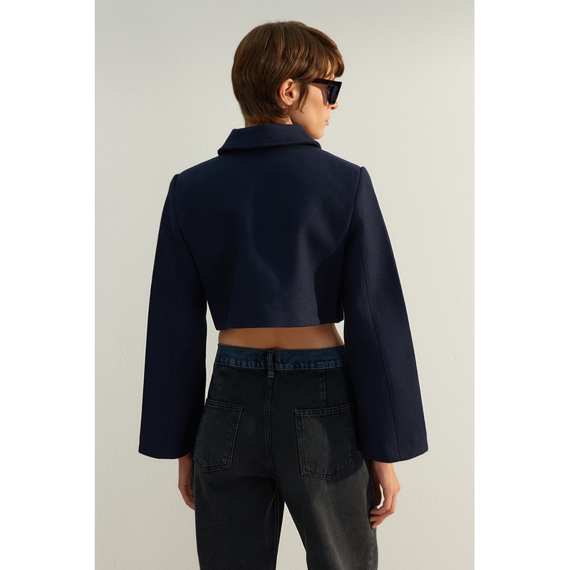 Women's NAVY BLUE Straight Long Sleeve Fitted Jacket