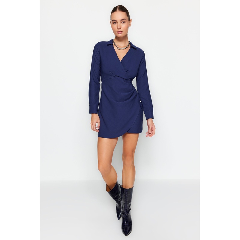Women's Navy Blue Straight Mini Long Sleeve Business Regular Dress