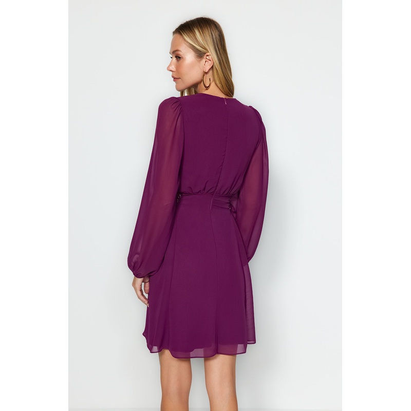 Women's Purple Straight Mini Long Sleeve Business Regular Dress