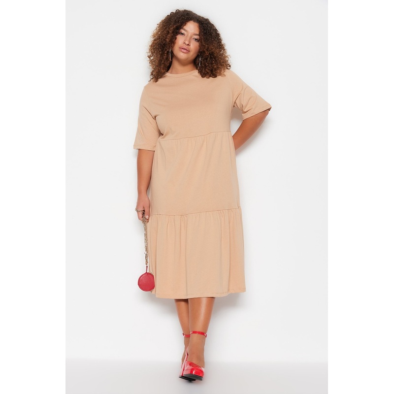 Curve Women's Beige Plain Midi Short sleeve Casual Relaxed fit Plus Size Dress