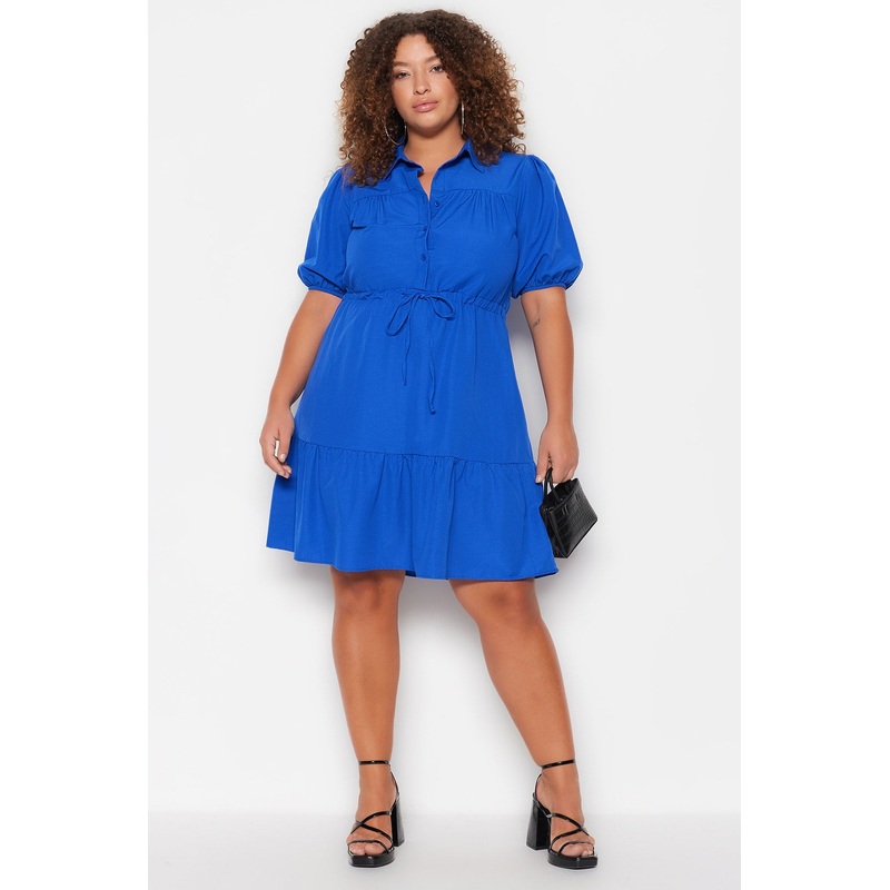 Curve Women's Blue Flat Mini Short Sleeve Casual Oversize Plus Size Dress