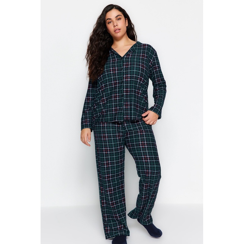 Curve Women's Plaid / Checkered Long Sleeve Regular Plus Size Pajama Set