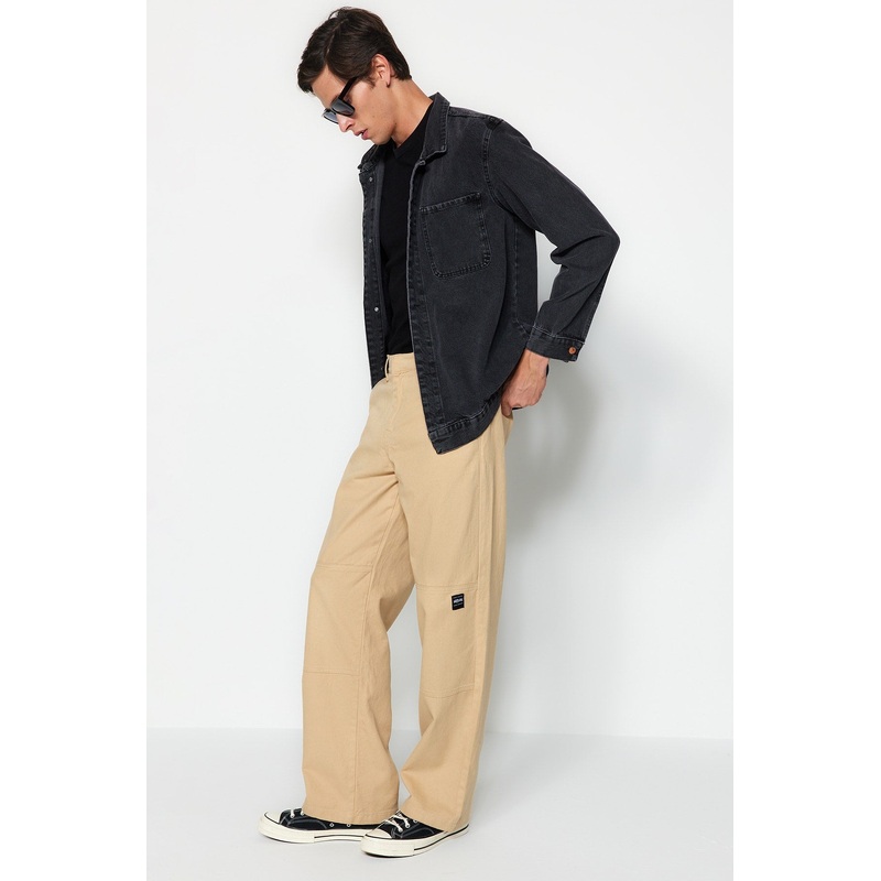 Man Men's Beige Plain Loose Normal Waist Pants