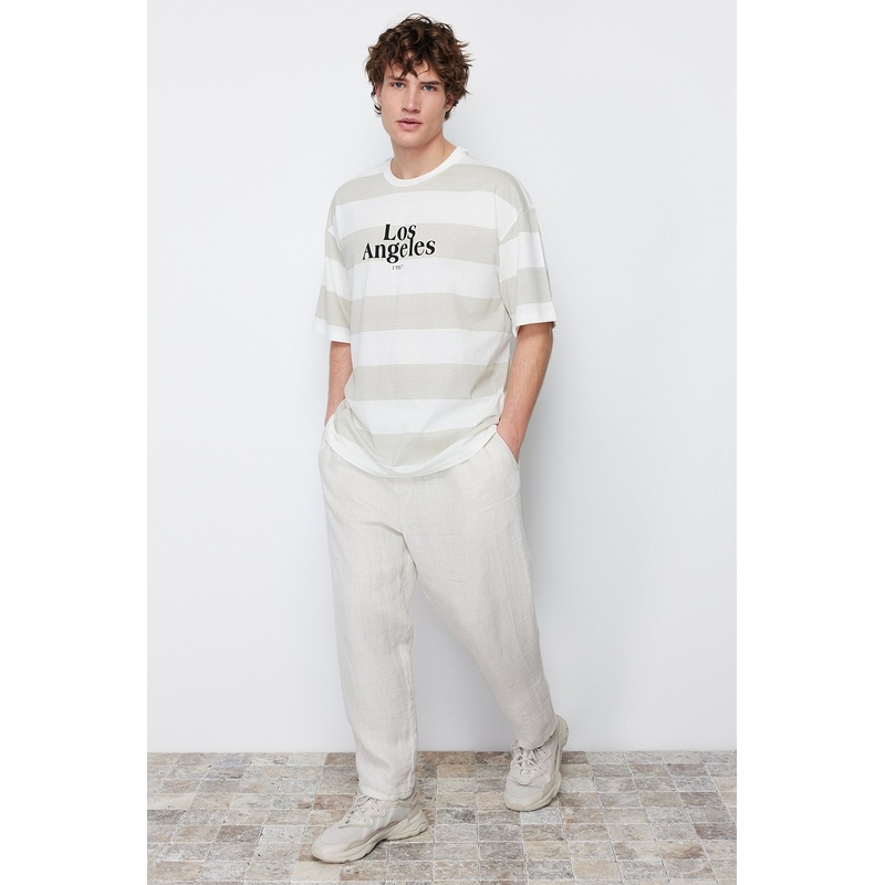 Man Men's Beige Striped Short Oversize T-Shirt