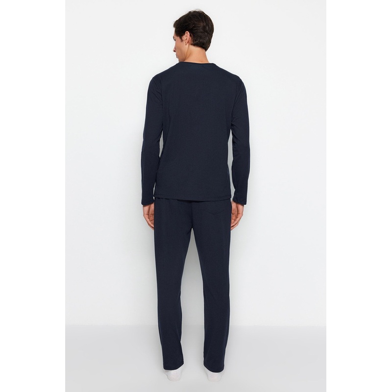 Man Men's Dark Blue Plain Long Sleeve Homewear Regular Fit Pajama Set