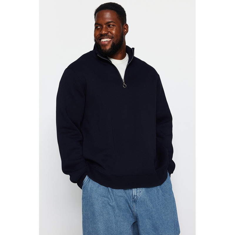 Man Men's Dark Blue Plain Long Sleeve Oversize Plus Size Sweatshirt
