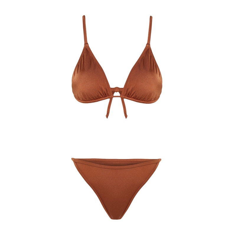 Women's 3 Pack Brown Plain Throw Cup Bikini Set