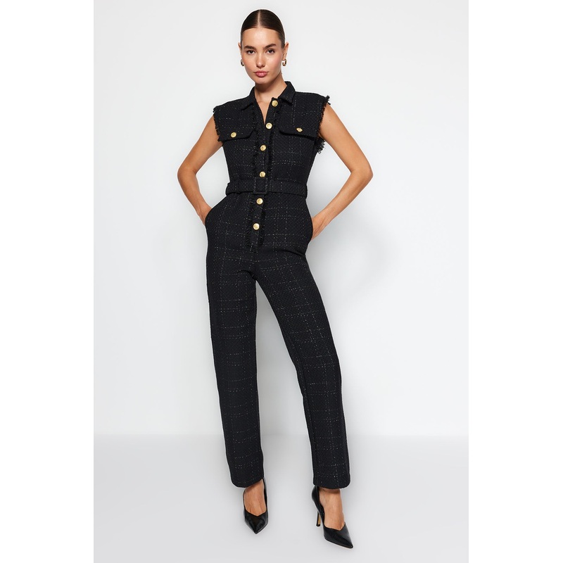 Women's Black Plaid / Check Zero Sleeve Casual/casual Regular Overalls