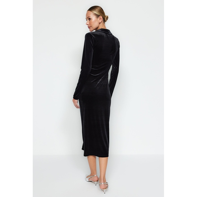 Women's black Straight Midi Long Sleeve Casual/Casual Slim DRESS