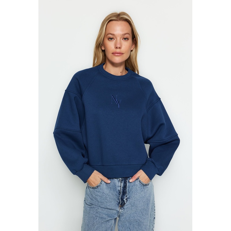 Women's Blue Embroidery Long Sleeve Regular Sweatshirts