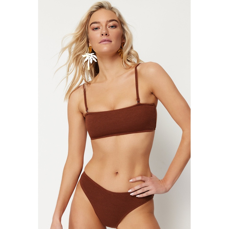 Women's Brown Plain Throw Container Bikini Top
