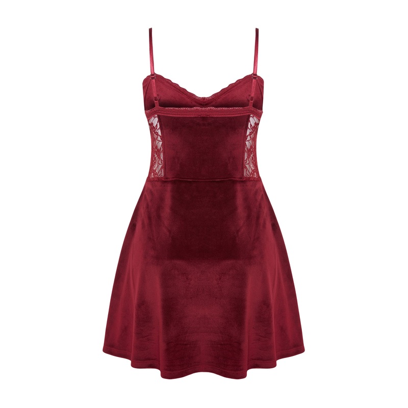 Women's Burgundy Plain Mini With suspenders Homewear Fitted Nightly