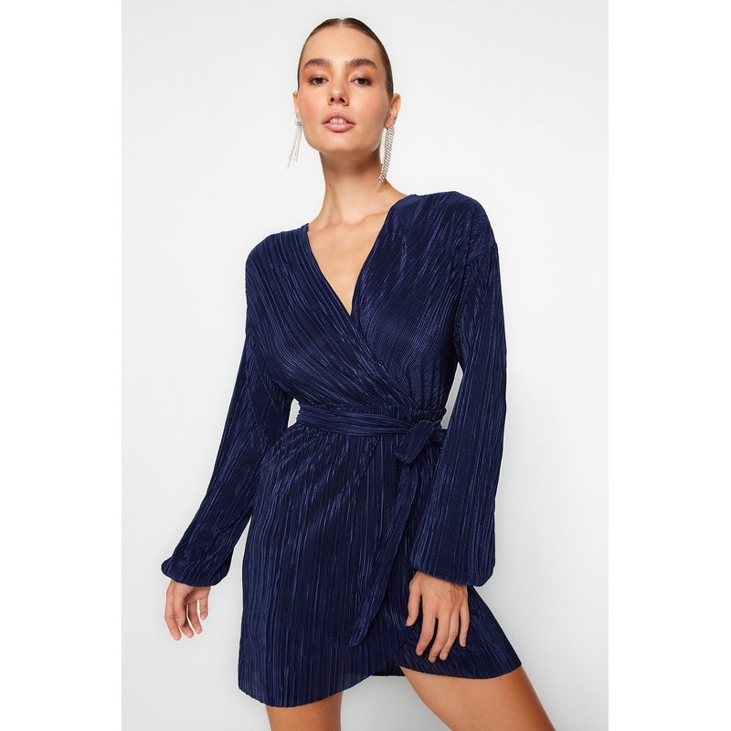 Women's Dark blue Plain Mini Long sleeve Cocktail Relaxed fit Dress