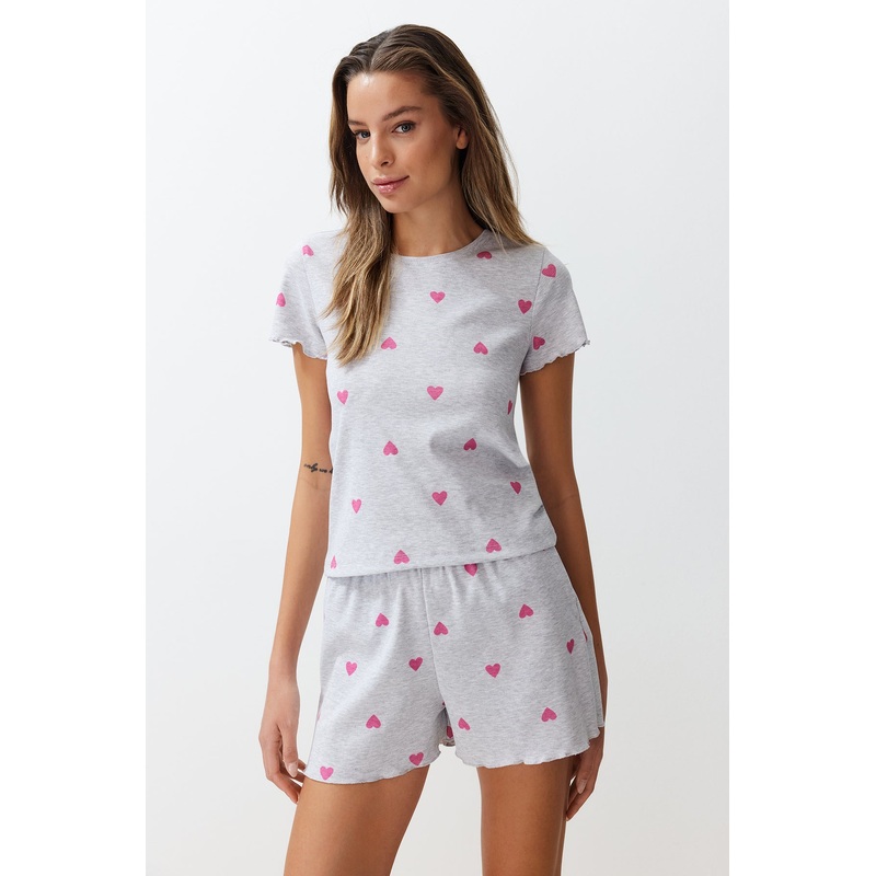 Women's Gray Heart Short Lounge/home Regular Pajama Set