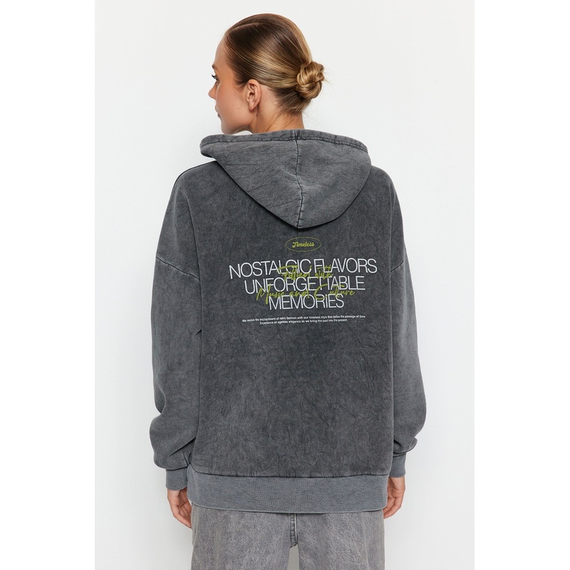 Women's Gray Motto Long Sleeve Oversize Sweatshirts