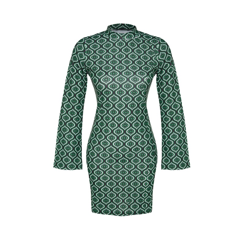 Women's Green Geometric pattern Mini Long sleeve Business Slim fit Dress