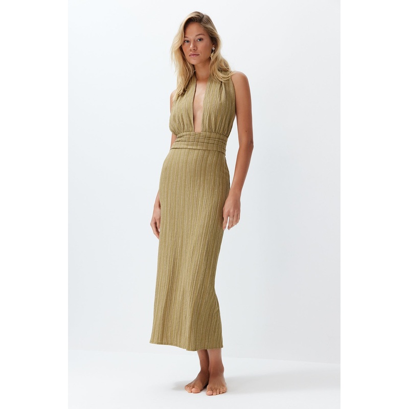 Women's Khaki Plain Maxi Sleeveless Beachwear Fitted Dress