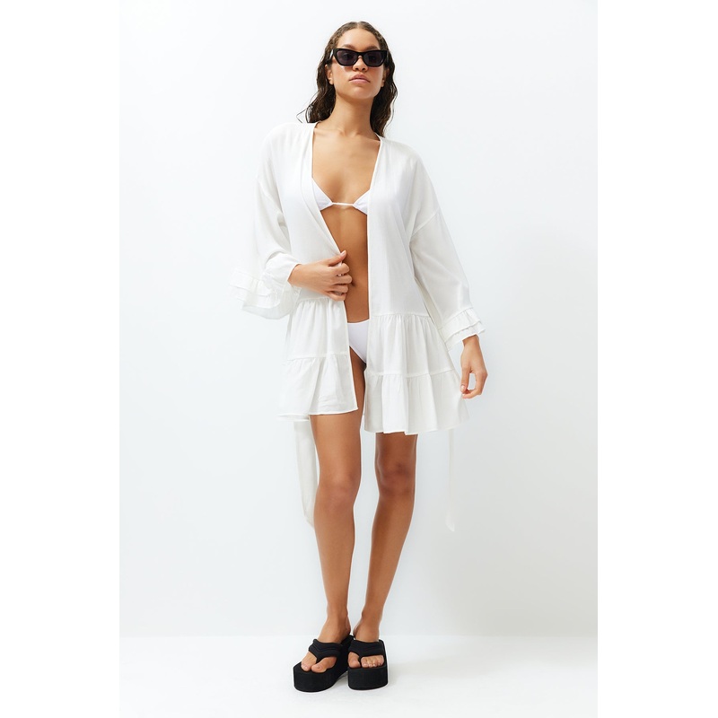 Women's White Plain Long Oversize Kimono & Caftan