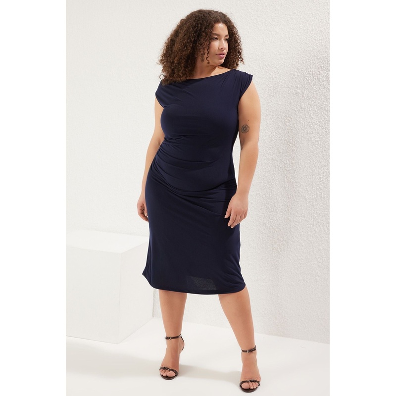Curve Women's Navy Blue Plain Midi Sleeveless Casual Slim Plus Size Dress