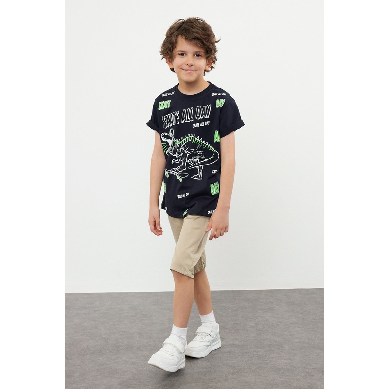 kds Boys Dark Blue Print Short Regular Fit T-Shirts