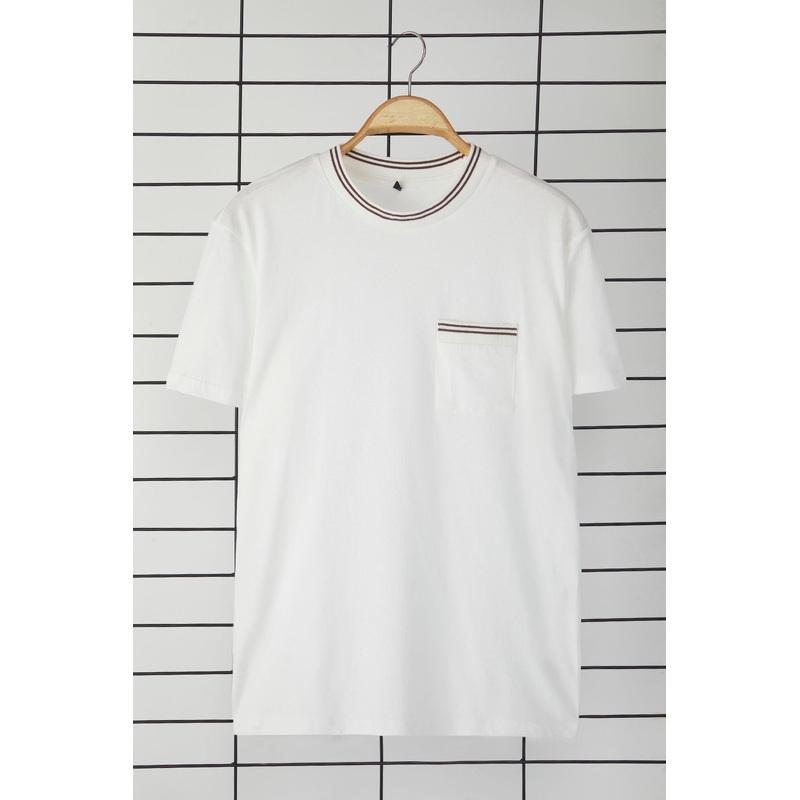 Man Men's Ecru Striped Short Regular T-Shirt