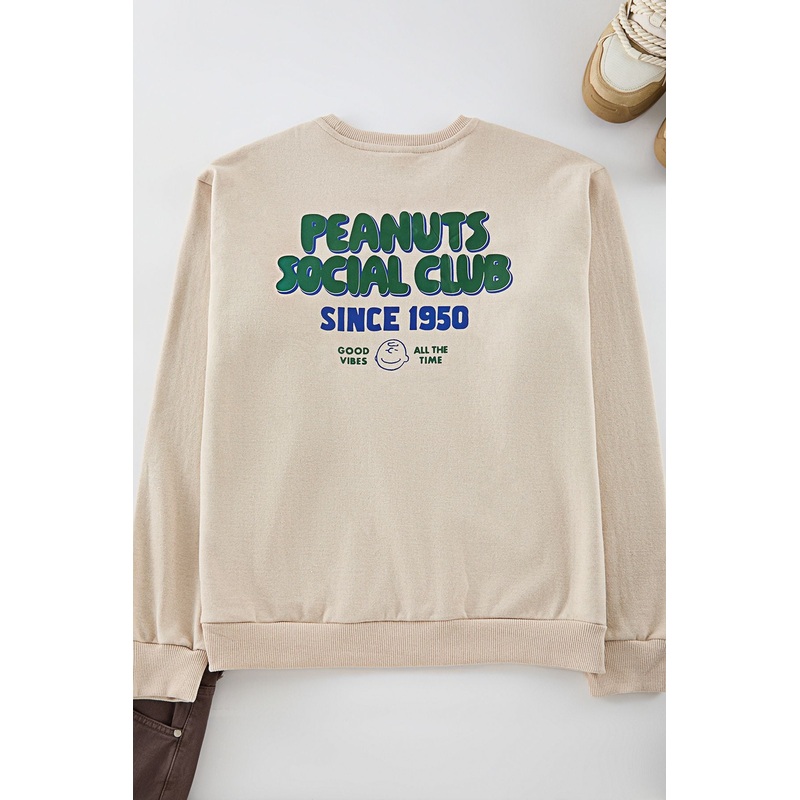 Man Unisex Beige Slogan Long Oversize Sweatshirts