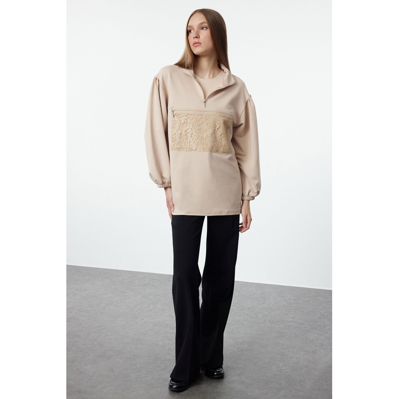 Modest Women's Beige Flat Long Regular Hijab Tunic