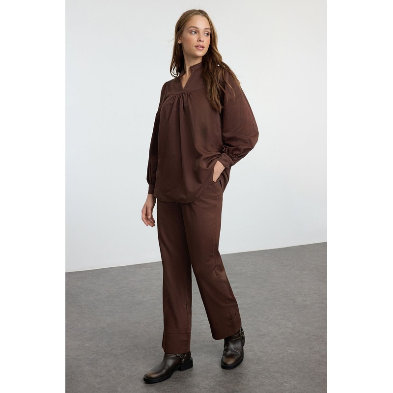 Modest Women's Brown Straight Long Casual/daily Relaxed Hijab Bottom-Top Set