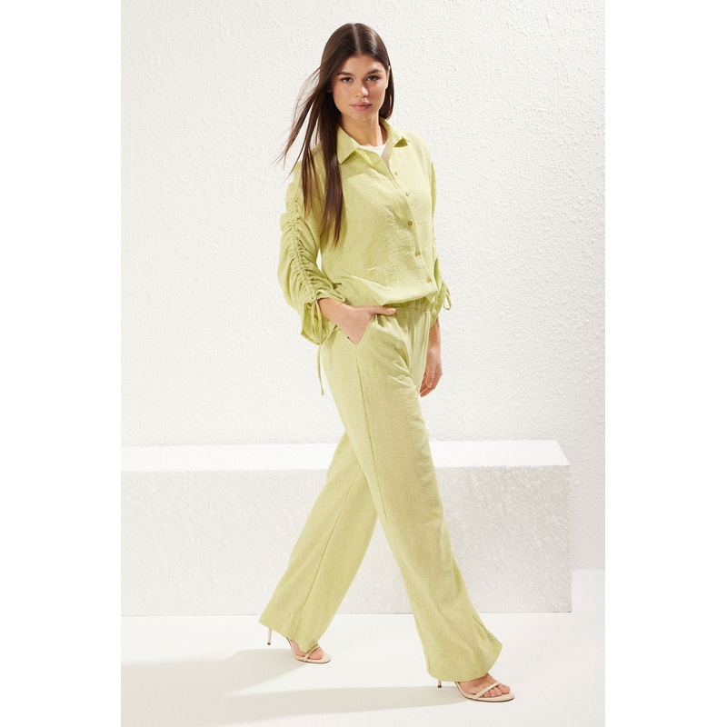 Modest Women's Green Plain Long Casual Relaxed Fit Hijab Top - Bottom Set