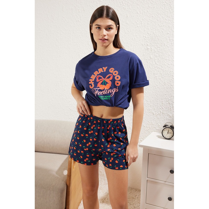 Women's 2 Pack Navy Blue Printed Short Loungewear Regular Pajama Set