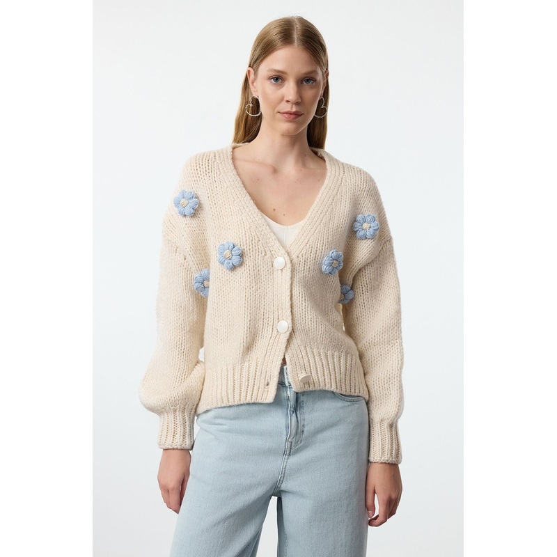 Women's Beige Flowering Long Regular Cardigan