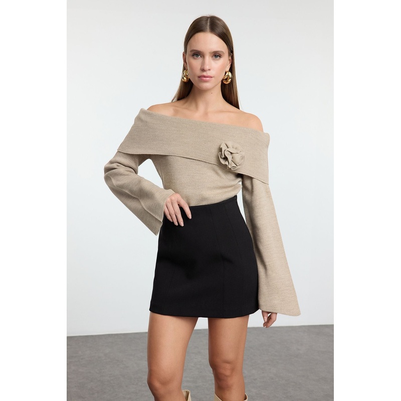 Women's Beige Straight Long Regular Jumper