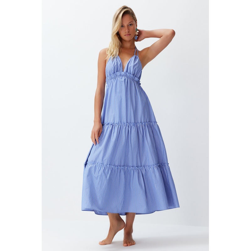 Women's Blue Plain Maxi Sleeveless Beachwear Relaxed Dress
