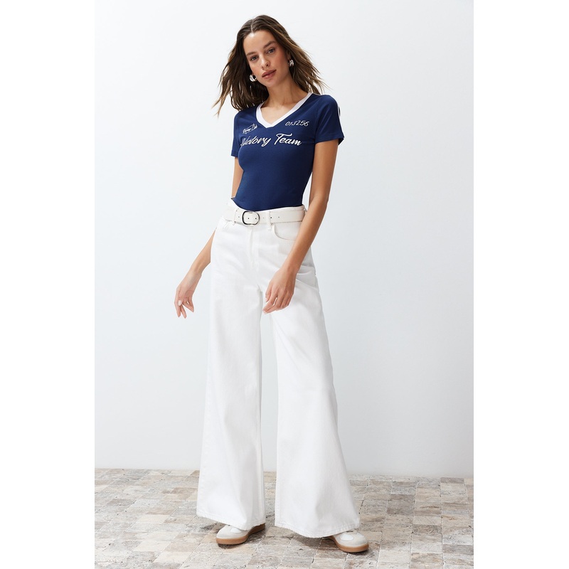 Women's Dark Blue Print Short Fitted T-Shirts