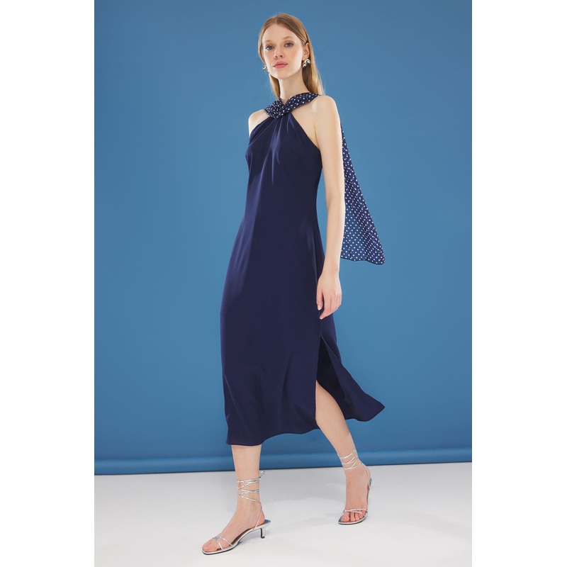 Women's Navy Blue Polka Dot Midi Short Evening / Daily Regular Dress