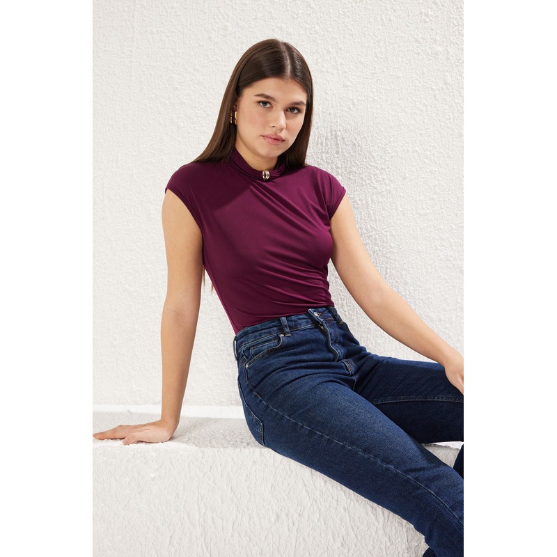 Women's Purple Plain Sleeveless Slim Bodysuit