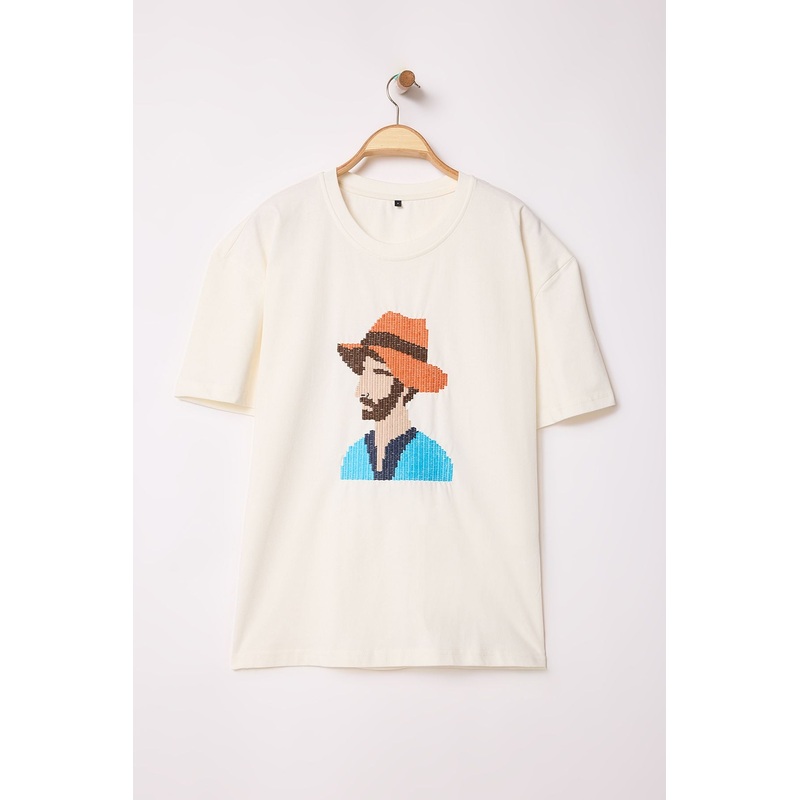 Man Men's Ecru Embroidered / Embroidered Short Oversized T-Shirt