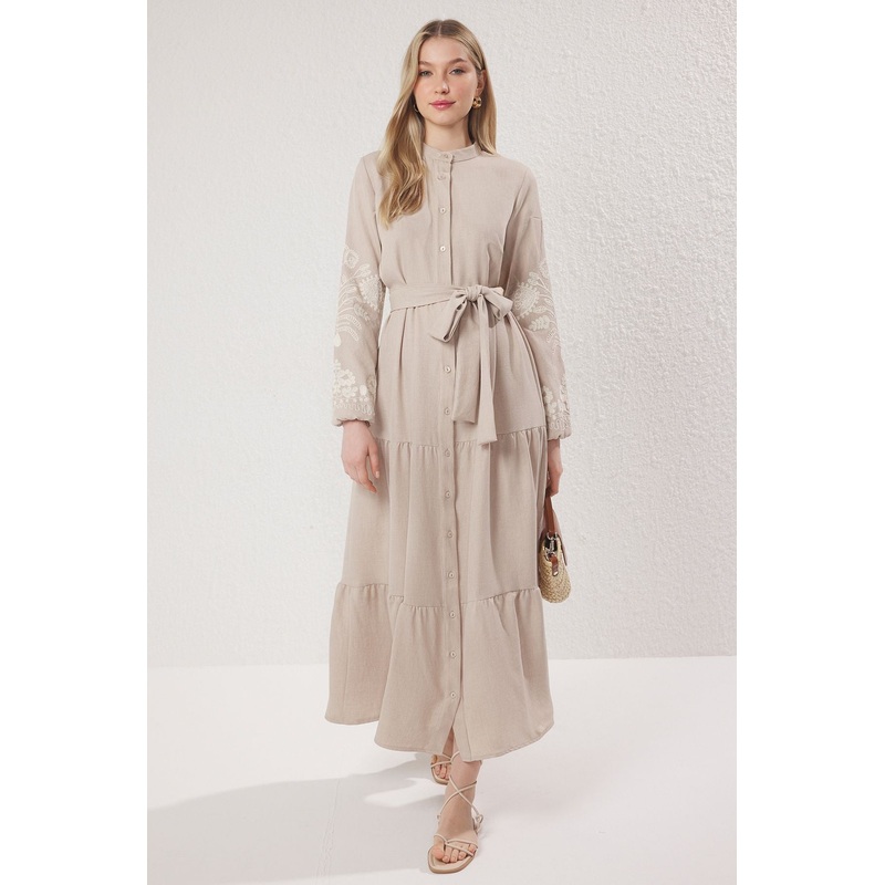 Modest Women's Beige Embroidered / Embroidered Long Long Casual/daily Regular Hijab Dress