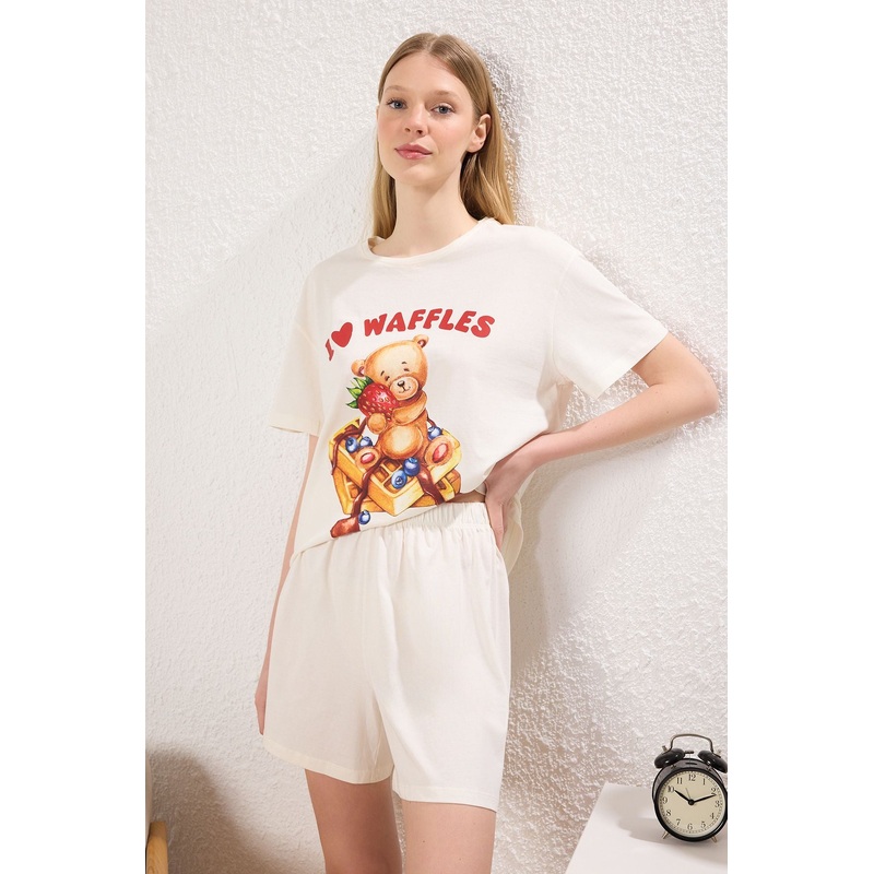 Women's 2 Pack Ecru Animals Short Lounge/home Oversized Pajama Set